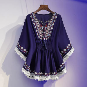 V-neck Chiffon Blouse for Womens Casual Short-sleeved T-shirt New Loose and Versatile Lace-up Top