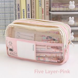 WUXU PU Leather+PVC Pen Bag Large Capacity Five-Layer Pencil Box Portable Portable Stationery Bag Student Gift
