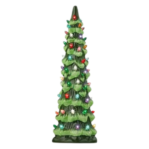 Ceramic Christmas Trees Pre-Lit Hand-Painted Tabletop Holiday Decoration w/Multicolor Bulbs LED Lights – Green