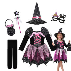 Kids 2026 Halloween Witch Costume for Girls Carnival Party Evil Lovely Witch Vestidos Set Dress+Hat+Magic Wand+Bag Clothes Set