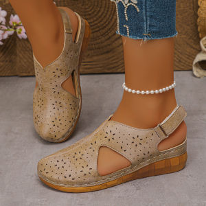 Free Shipping WomenS Sandals New Style Casual Hollow Breathable With Velcro Straps Wedge Heel Open-Toe Design And Stitched Detailing