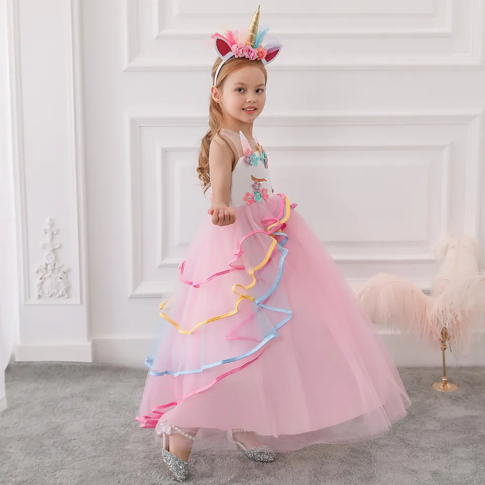 Baby Girl Bow Gowns Sleeveless unicorn Formal Lace embroidery Cute Party  Mesh Long Dress pearl Princess Kids Teenage girls clothing | Lazada