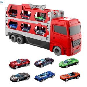 Car Transporter Truck Toys Container Truck With 6pcs Alloy Pull-back Cars Model Toys For children Boys Christmas Birthday Gifts