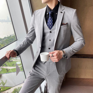 GUKENRO 3PCS Blazer for Men Plaid ( suit vest pants ) Korean Formal Evening Dinner Tuxedo Office Classy Outfit Male Suit Set