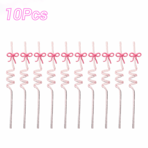 GORGE 10Pcs Glitter Pink Bow Straws Reusable Bent Tube Drinking Straw Pretty Design Curved Straw Party Decorations
