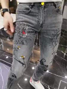 Naimo Mens Jeans New Light Gray Tide Brand Tiger Head Hot Diamond Print Slim Trousers
