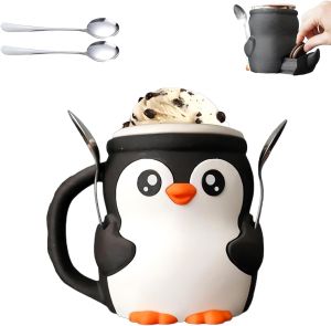 Cute Penguin Ice Cream Pint Holder with Antifreeze Handle & Secret Snack Drawer – 3D Printed Leak-Proof Sleeve Universal Fit for Ice Cream Beer Cans & Popsicles – Includes 2 Reusable Spoons (1Pc)
