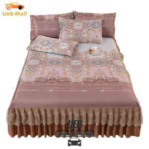 [UEB Mall] 3pcs Retro Ice Silk Bed Skirt Set with Ruffle Summer Mattress Protector with 2 Pillowcases Elegant Home Decoration