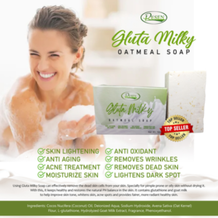 RESEN Gluta Milky Oatmeal Soap, It contains glutathione and goat milk to help improve skin tone, RESEN Gluta Milky Oatmeal Soap, It contains glutathione and goat milk to help improve skin tone,