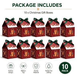 NALANILI 10pcs Ruy băng đã được buộc sẵn. Hộp quà Giáng sinh Giấy bìa cứng dày. Mái có thể tháo rời. Hộp hình ngôi nhà Dày Có ruy băng Hộp quà tặng Giáng sinh