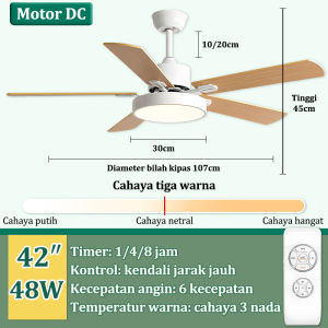 GOGEOUS Lampu Kipas Angin Gantung Plafon Nordik 48/52Inci 5 Baling 6 Kecepatan 3 Warna Dengan Remote Control Bisa Cod