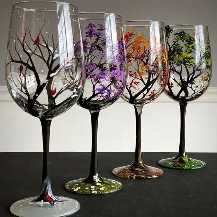 🔥【New Arrival】Hand Painted Four Seasons Tree Wine Glass Elegant Wide