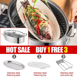 Multifunctional stainless steel pan with oval fish steamer and thickened soup steamer glass lid