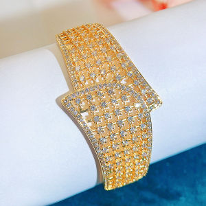 SEQUITO Luxury Wrist Accessories Jewelry Golden Hollow Out Wide Bangle Micro Pave White Round AAA CZ Zirconia Wedding Party Jewellery B337