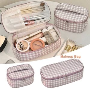LIAOYING ที่เก็บของพกพา กระเป๋าเครื่องสำอาง ความจุขนาดใหญ่ ลายตารางสีม่วง กระเป๋าเก็บของสำหรับการเดินทาง ไอเอ็นเอส แบบพกพา ผู้หญิง