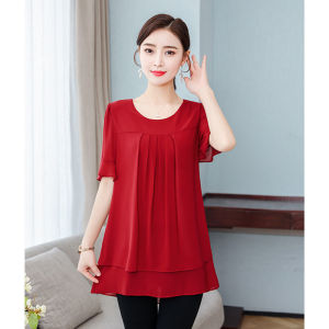 Ladies Summer Plus Size Loose Temperament Chiffon Short Sleeve Shirt