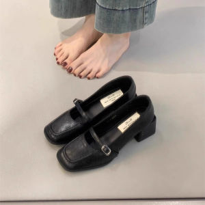 IELGY Retro square toe high heels womens elegant thick heel Mary Jane leather shoes