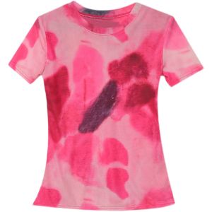 REHIN Womens top pink halos mudge mesh short sleeve T-shirt round neck Slim fit skinny blouse