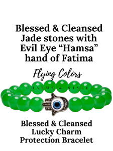Blessed and Cleansed Jade stones with Evil Eye "Hamsa" Hand of Fatima Lucky charm protection elastic bracelet