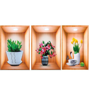Tranh dán tường 3D chậu cây hoa trong khung (30cm x 45cm 1 BỨC Có Sẵn Keo - Rất Nhiều Mẫu Đẹp