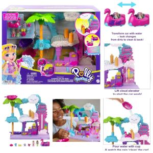Polly Pocket Playset Pollyville Flamingo Fun Car Wash with 2 Micro Dolls Toy Car Water Play & Color-Change Accessories