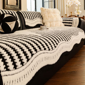L Shape Sofa Cover Stretch Velvet Thick Anti Slip Washable Jacquard Stripe Universal Protector