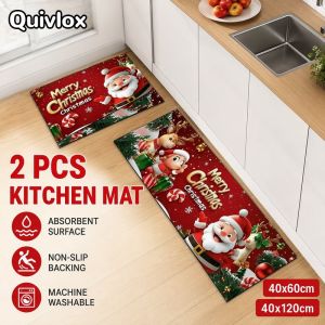 2 Pcs Christmas Kitchen Carpet Snowman Elk Print Absorbent Non Slip Bathroom Floor Rug Soft Washable Xmas Home Decor