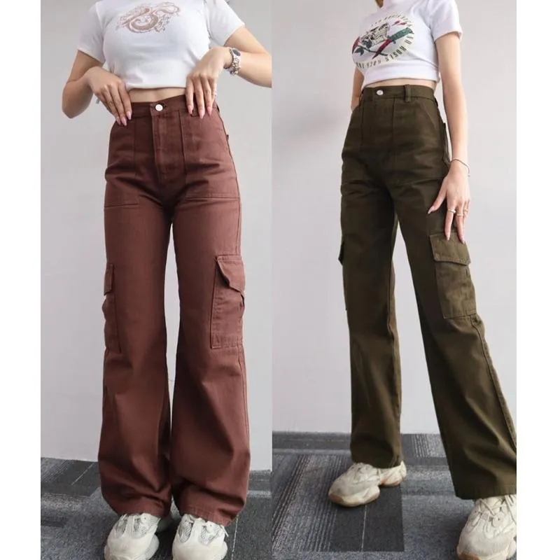 S-3XL Women Cargo Pants Wide Leg Pockets Spring Autumn Fashion