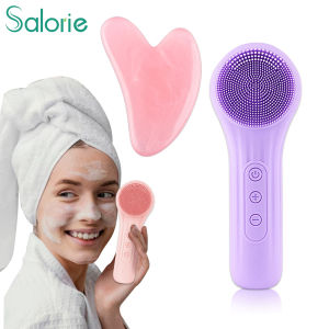 อุปกรณ์โฟมล้างหน้าแปรงทำความสะอาดใบหน้าไฟฟ้า Salorie เครื่องทำความสะอาดซิลิโคนคลื่นอัลตราโซนิคประคบร้อนกันน้ำแบบชาร์จไฟได้พร้อมบอร์ด Guasha
