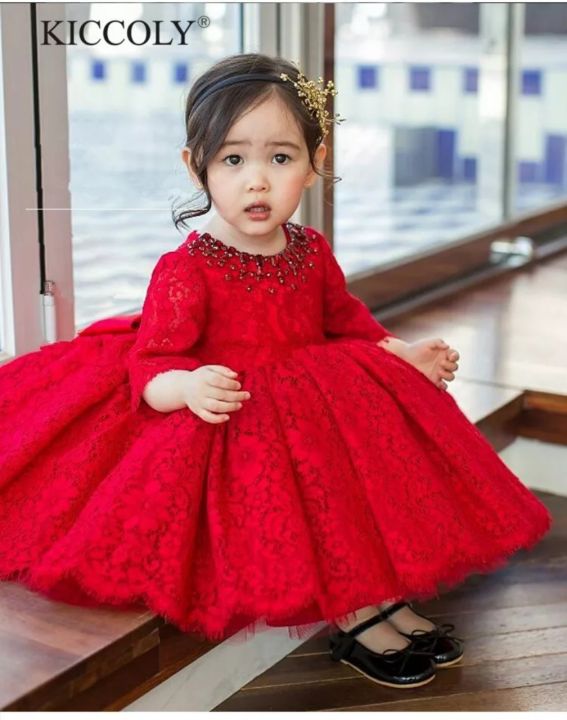 Váy đỏ cho bé gái thu đông BABYSTORE88, Đầm trẻ em dài tay hàng thiết kế 1  2 3 4 5 6 7 8 tuổi V5 - Tìm Voucher