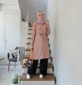 Baju Long Dress Kemeja Tunik Wanita Muslim Jumbo Style Korea Kekinian Polos By Azka Collection
