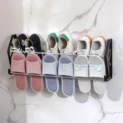Wall Mounted Shoe Rack Simple Double-layer Shoes Shelf Behind The Door Wall Hanging Non Perforated Self-Adhesive Shoe Organizer
