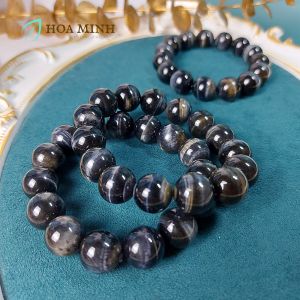 Vòng tay phong thủy đá Mắt Hổ Đen Xám 14 li chất 5A mắt hổ đại bàng vòng tay nam | Hoa Minh Gem