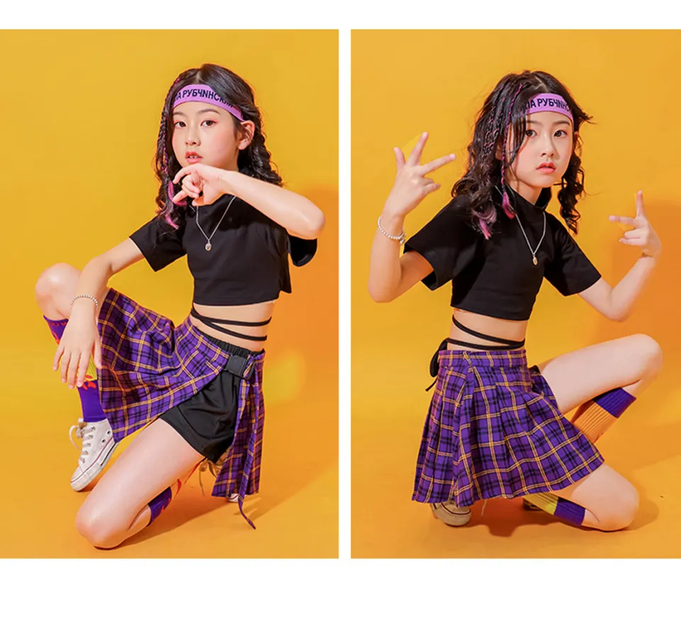 Lolanta 2Pcs Cropped Top Purple Plaid Skirt Outif Child Girls