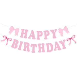 PRIMEPICKGLOBAL Bow Theme Happy Birthday Banner Spiral Bow Pattern Paper Backdrop Decor Scene Decoration Balloons for Girls