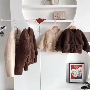 2026Korean Boys Fall Winter Clothes For Girls Velvet Loose Lamb Velvet Warm Childrens Jacket Coat For Girls 0-5-year-old2026