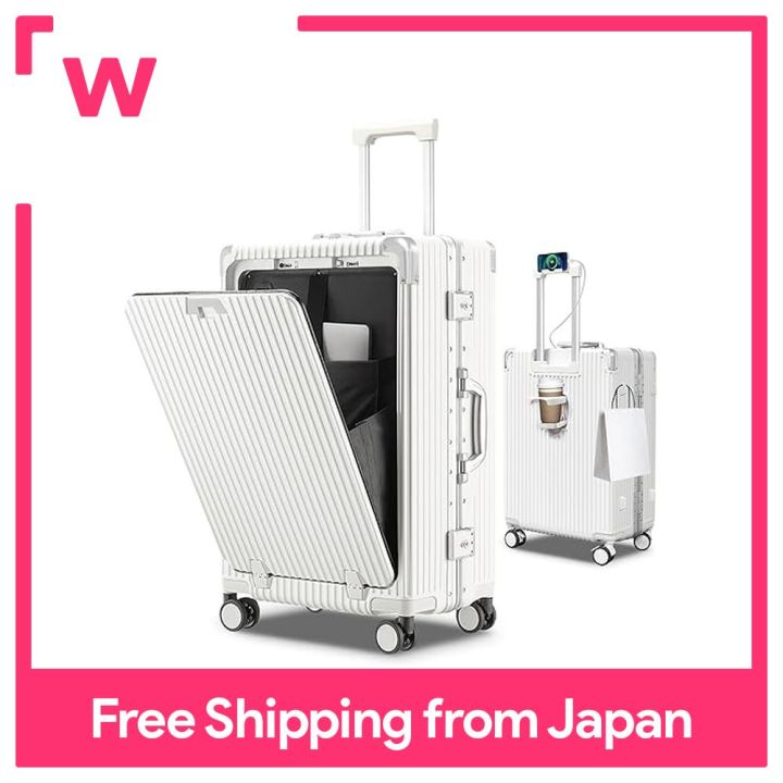 [HAIKUSOUBI] Suitcase Carry Case Aluminum Frame Type Multifunctional White with USB Port Carry Bag Cup Holder Hook Function Smart Phone Stand TSA Lock Charging Function Caster with Brake Shockproof Travel Business Trip Stay White S Size/43L (Carry...