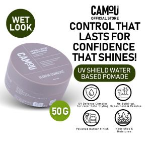 Camou UV Shield Water-based Pomade for Polished Barber Finish No Build Up & Residue UV Defense Complex Color Safe Nourishes & Moisturizes Hair