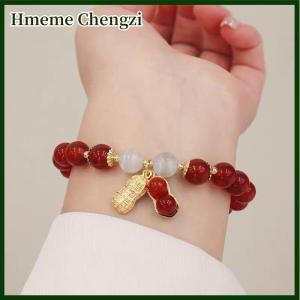 Hmeme New Year Lucky Beaded Bracelet Elegant Red Beads Peanut Pendant Charm Bangle Chinese Style Jewelry For Women Festival Gifts