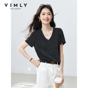 VIMLY V-neck Ribbed Knit Top for Women 2026 Summer Fashion Shimmer Short Sleeve Tee Versatile Casual Black T-shirt Clothes A63702026
