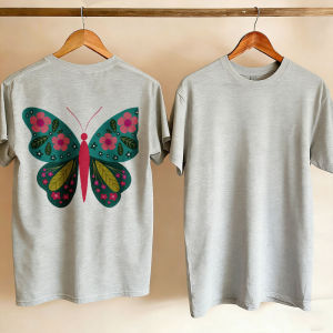 [Local Stock] HBESTY  Crew Neck Short Sleeve T-Shirt with Floral Butterfly Teal Wings Pink Flowers Green Leaves Red Body High Quality Cotton Tops Tee