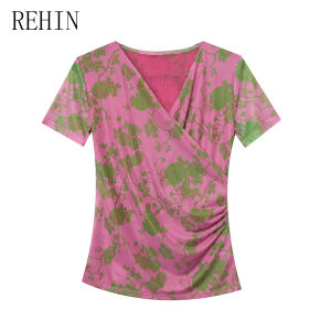 Rehin Áo nữ dáng ôm dáng thời trang cổ chữ V Áo phông ngắn tay lưới in họa tiết mùa hè