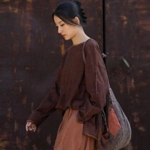 Johnature Women Vintage Cotton Patchwork T-Shirts O-Neck Long Sleeve Autumn Tees 2026 New Loose Original Women T-Shirts2026