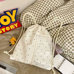 BELLERY Korean Style Nylon Drawstring Backpack Wave Point Lightweight Student Schoolbag Fashion Sweet Light Soft Nylon Bag Girls