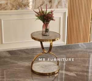 Meja Sudut Hourglass Lis Stainless Top Marmer Putih Carrara