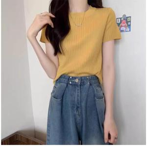 Summer Women Round Neck T-shirt Casual Short Sleeved Shirt Thin Knit Top # F1147
