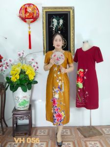 Váy Đầm trung niên chất liệu lụa Gấm in hoa 3D cao cấp Fom dáng A vữa che khuyết điểm bụng sang chảnh lịch lãm