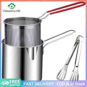 Deep Frying Pot with Strainer & Food Tongs Stainless Steel Deep Fryer Pot Portable Cooking Pot for Kitchen Fried Chicken
