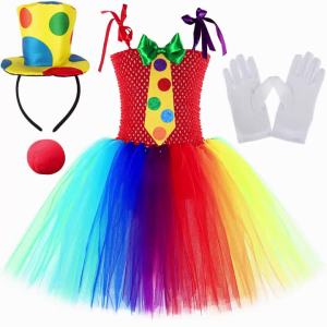 Circus Clown Costume for Girls Carnival Festival Halloween Dress Up Outfit Kids Colorful Rainbow Funny Clown Tulle Tutu Dress2026