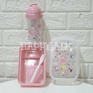 1 SET TEMPAT MAKAN LUNCH BOX DAN BOTOL MINUM MIXED /KOTAK MAKAN KARAKTER SANRIO KUROMI BENING TRANSPARAN